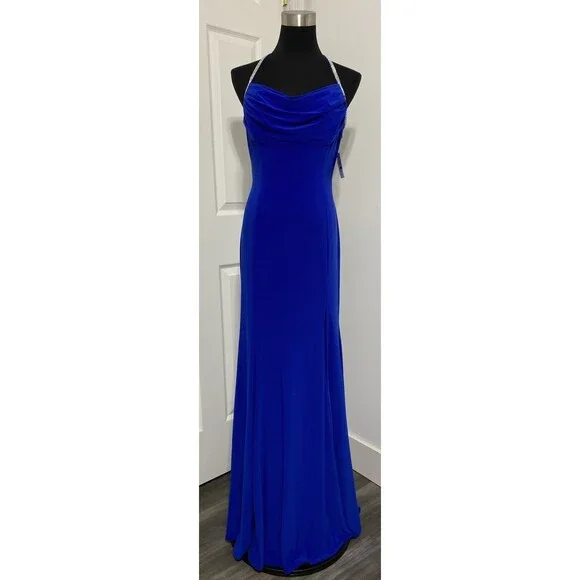 Morgan Co Y2k 90s Prom HOCO Gown Dress Blue Halter Strappy Cage Back Rhinestone - Picture 2 of 10